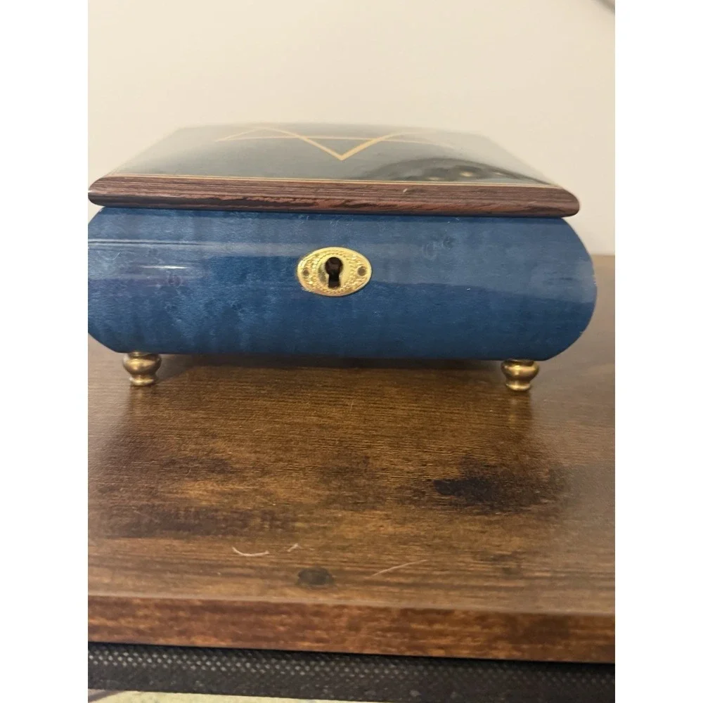Vintage Star of David Musical Jewelry Box‎ Key Reuge Lever Blue Wood Locking